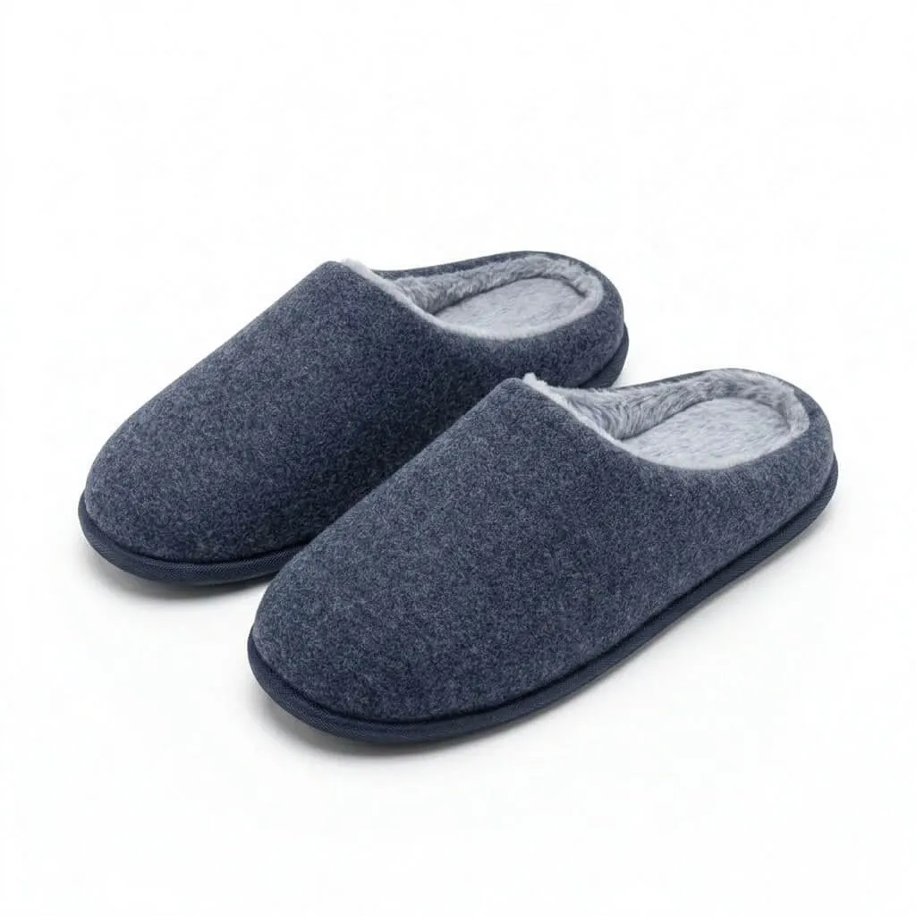 Blue Faux Wool Front View – UT-MS1004 front view blue house shoes Faux Wool Open Back Slippers UT-MS1004