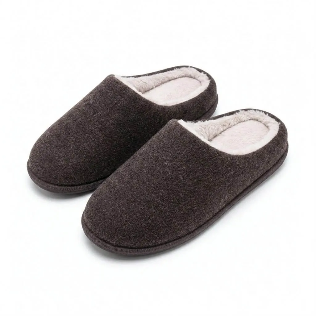 Brown Faux Wool Front View – UT-MS1004 front view brown house shoes Faux Wool Open Back Slippers UT-MS1004
