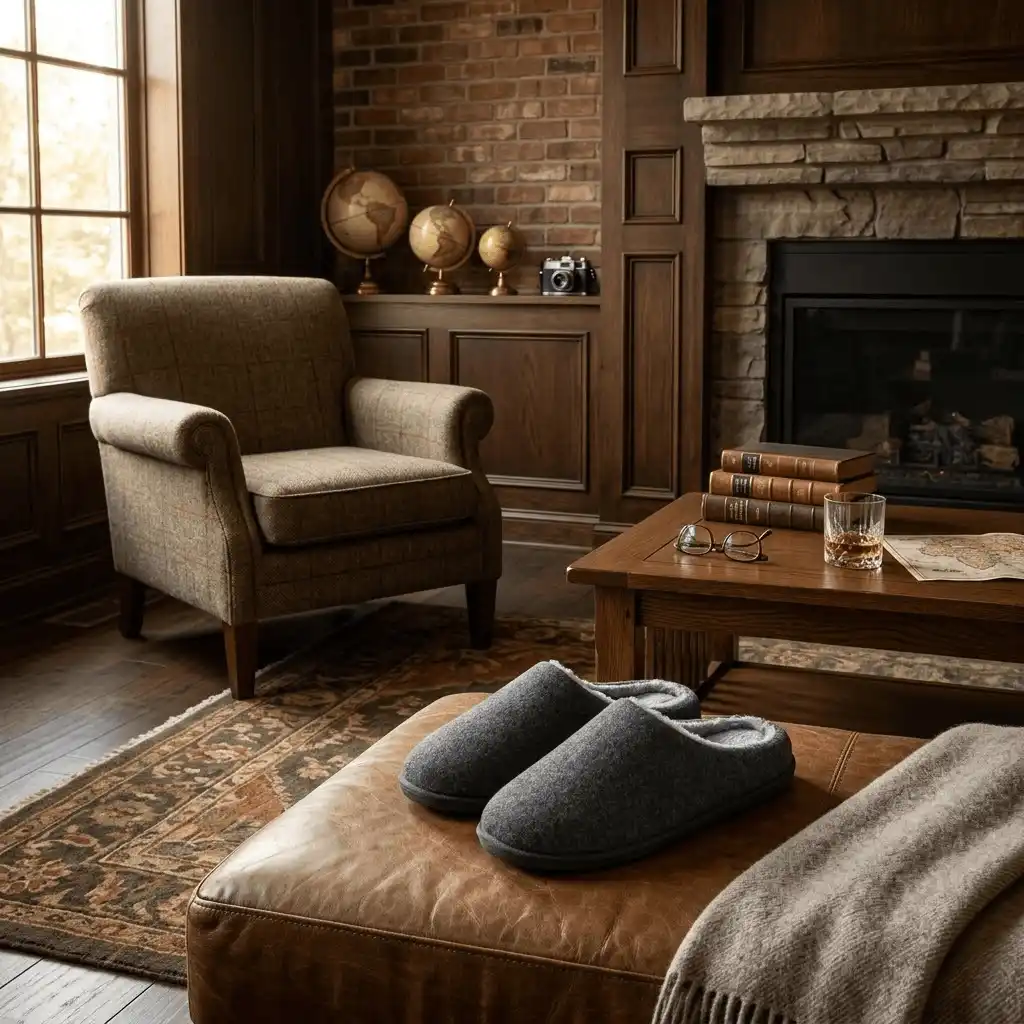 man wearing grey slippers bedroom Faux Wool Open Back Slippers