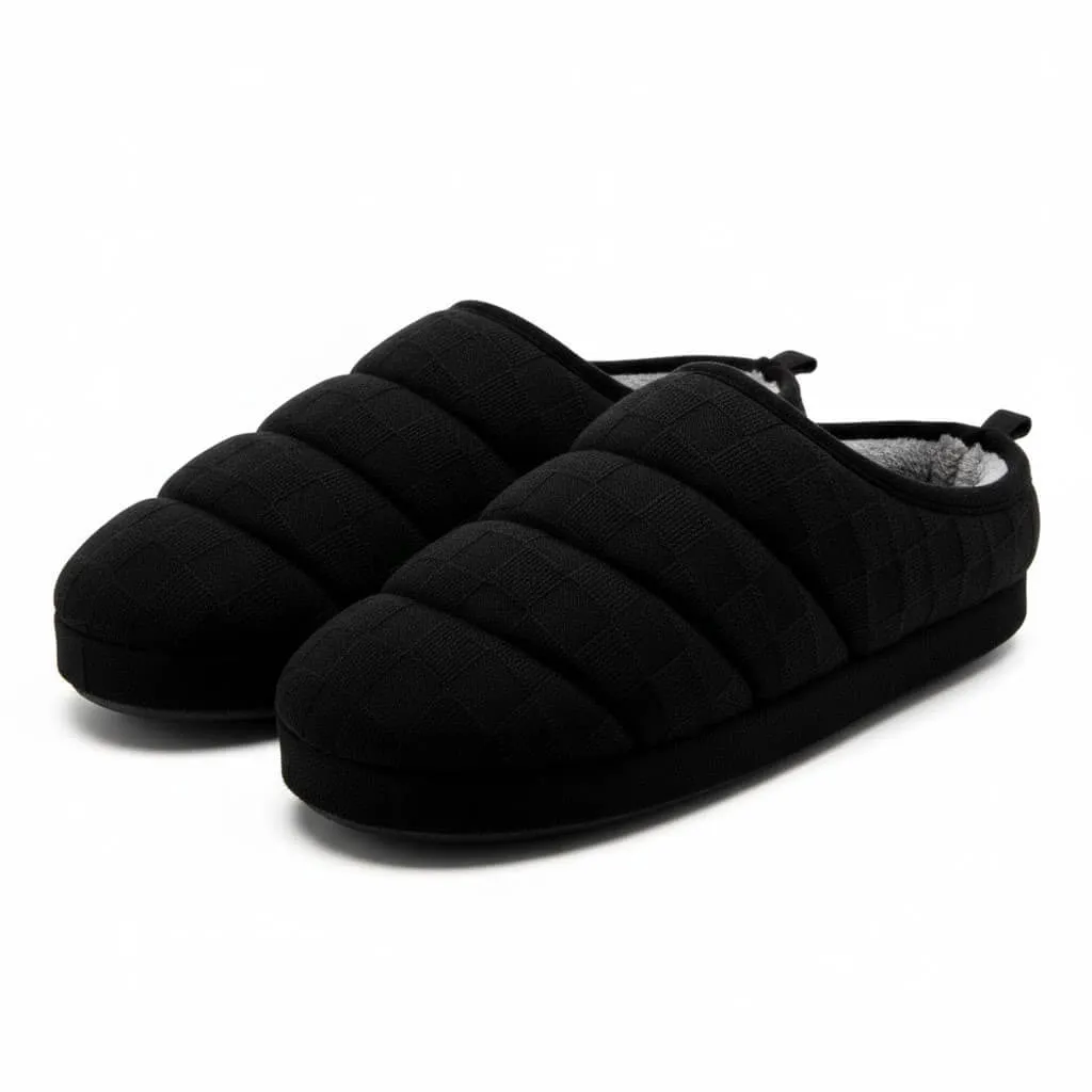 Black Quilted Front Profile – UT-MS1006 front view black house shoes Quilted Knit Scuff Slippers UT-MS1006