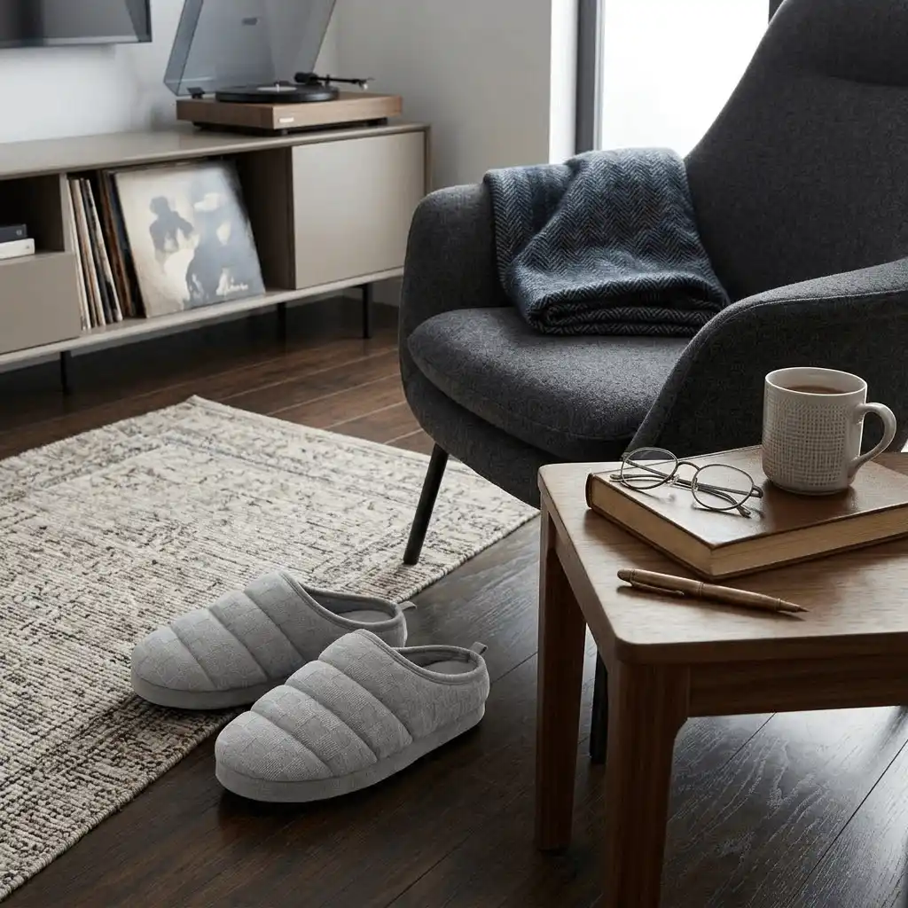man wearing grey slippers indoors Quilted Knit Scuff Slippers