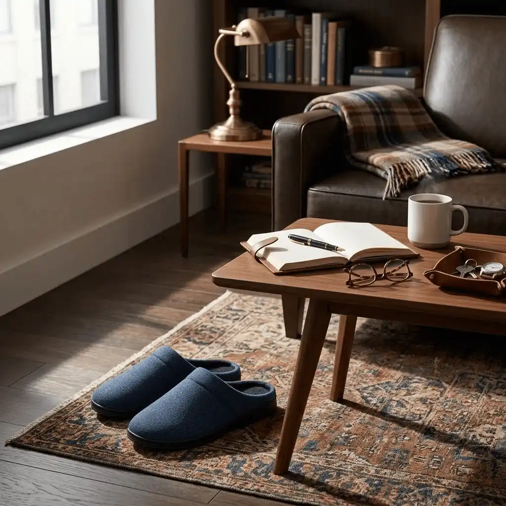 man wearing blue slippers at home Denim Fabric Scuff Slippers