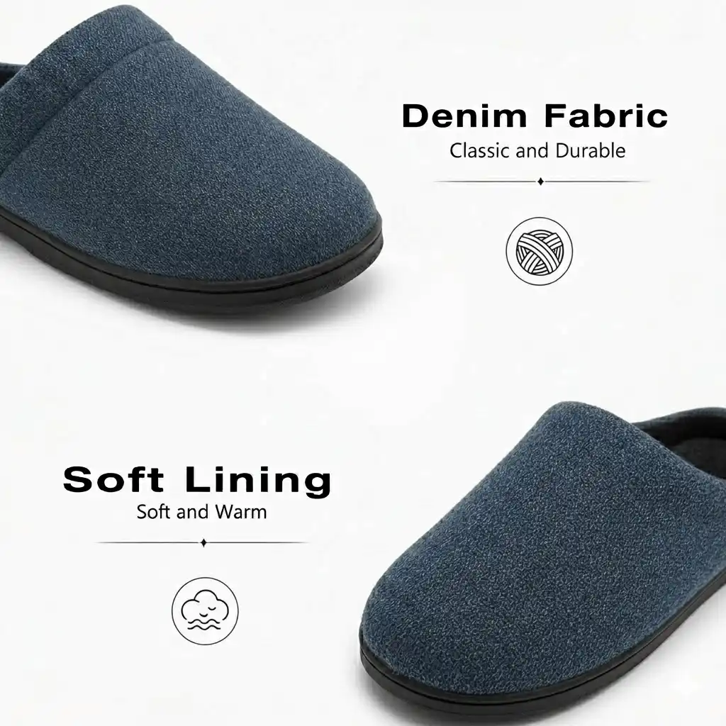 denim fabric stitching closeup Denim Fabric Scuff Slippers