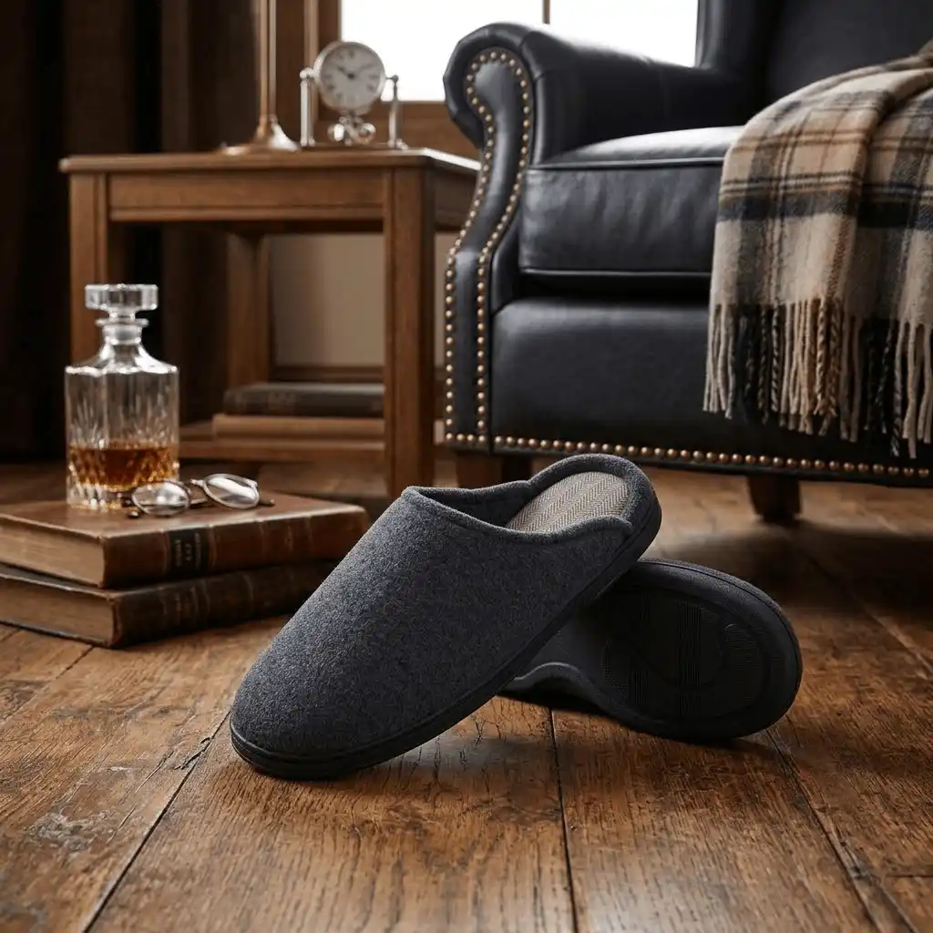 man relaxing at home grey slippers Velvet Open Back Slippers