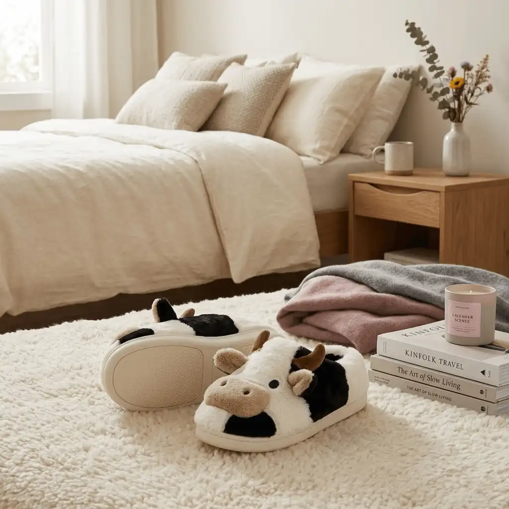 child wearing novelty animal slippers indoors 3D Cow Plush Slippers