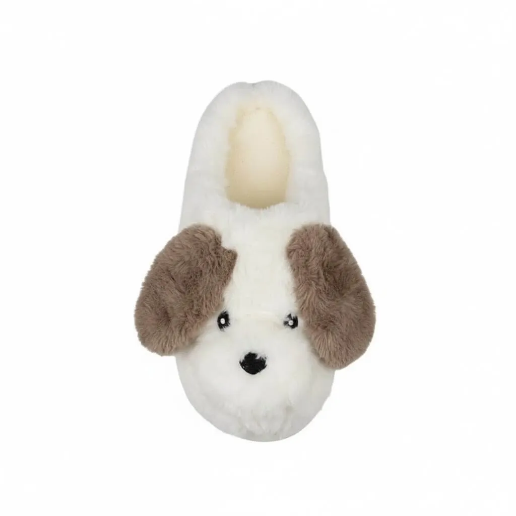 White 3D Puppy Plush Slippers Back – UT-WS1025 back view soft white slippers with 3D puppy detail 3D Puppy Plush Slippers