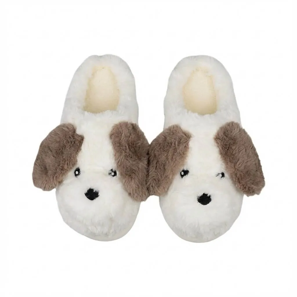 White 3D Puppy Plush Slippers Top – UT-WS1025 top view white plush mule slippers with 3D puppy face 3D Puppy Plush Slippers