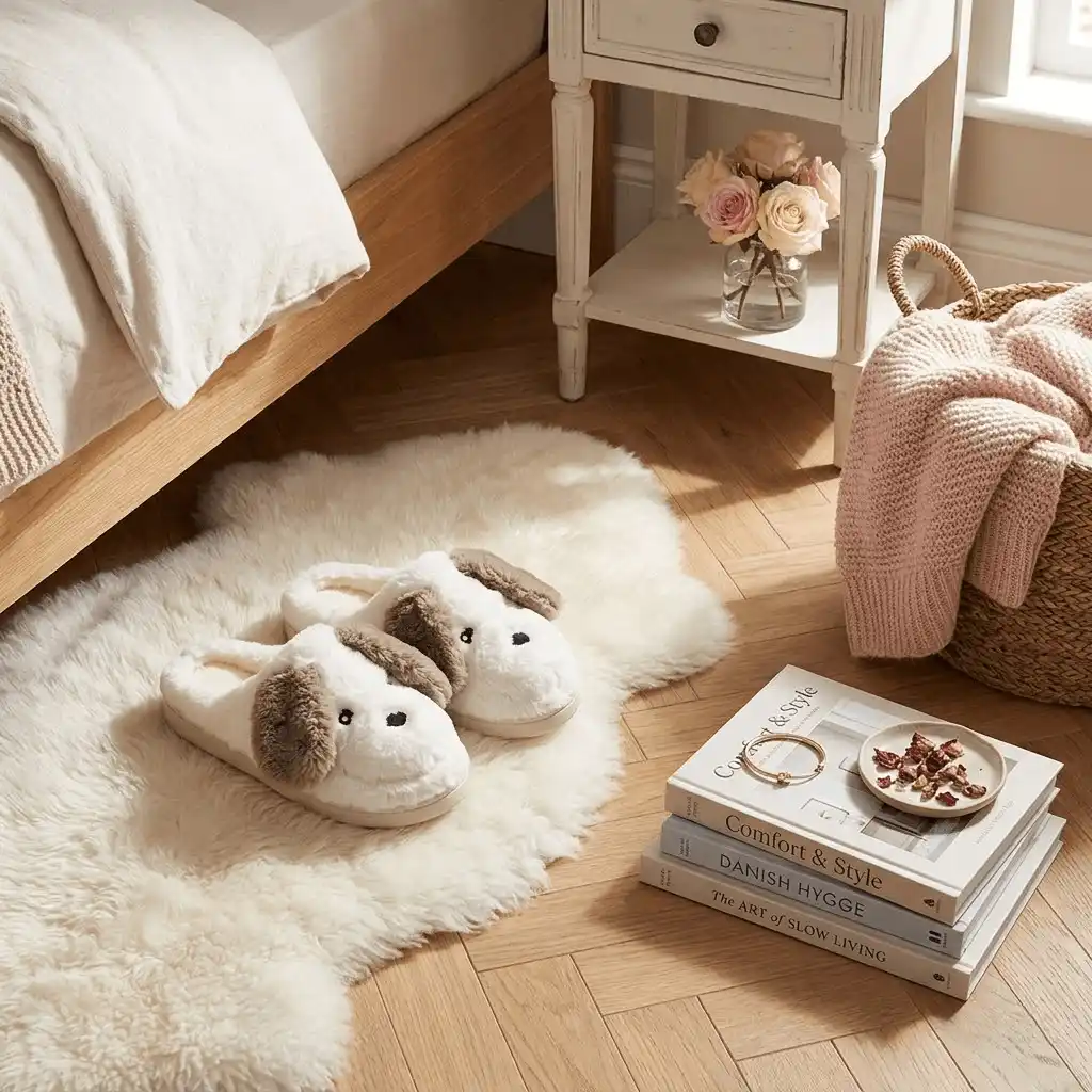woman wearing white 3D puppy plush slippers indoors 3D Puppy Plush Slippers