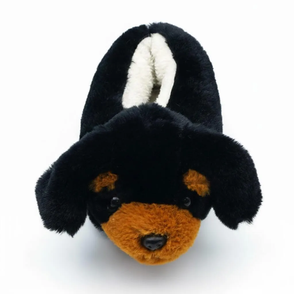 Black 3D Rottweiler Plush Slippers Back – UT-WS1026 back view of black plush slippers with 3D Rottweiler dog design 3D Rottweiler Plush Slippers