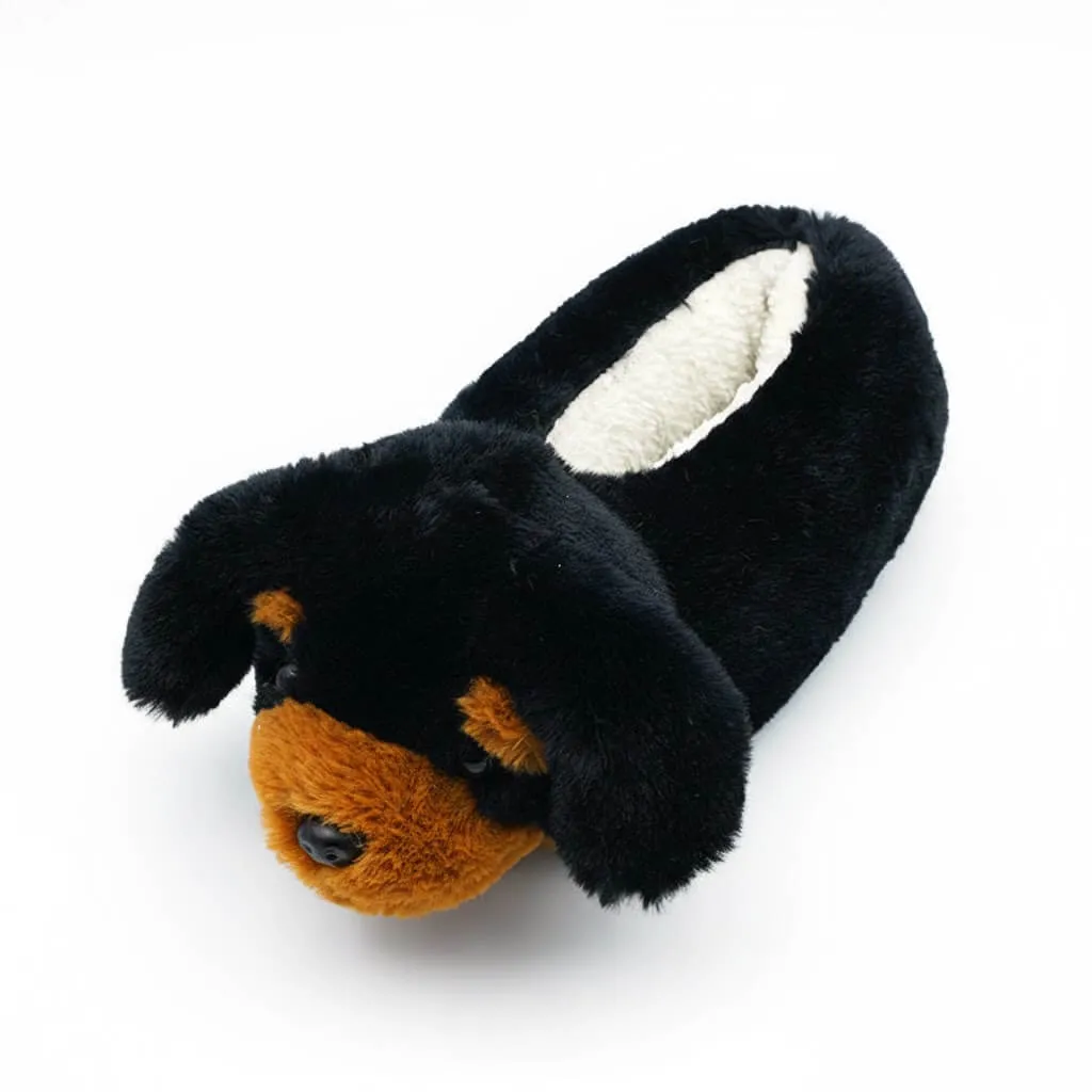 Black 3D Rottweiler Plush Slippers Side – UT-WS1026 side view of 3D dog character plush slippers with Rottweiler design 3D Rottweiler Plush Slippers