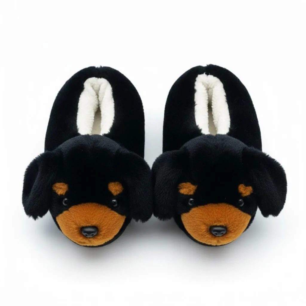 Black 3D Rottweiler Plush Slippers Top – UT-WS1026 top view of black 3D Rottweiler character slippers 3D Rottweiler Plush Slippers