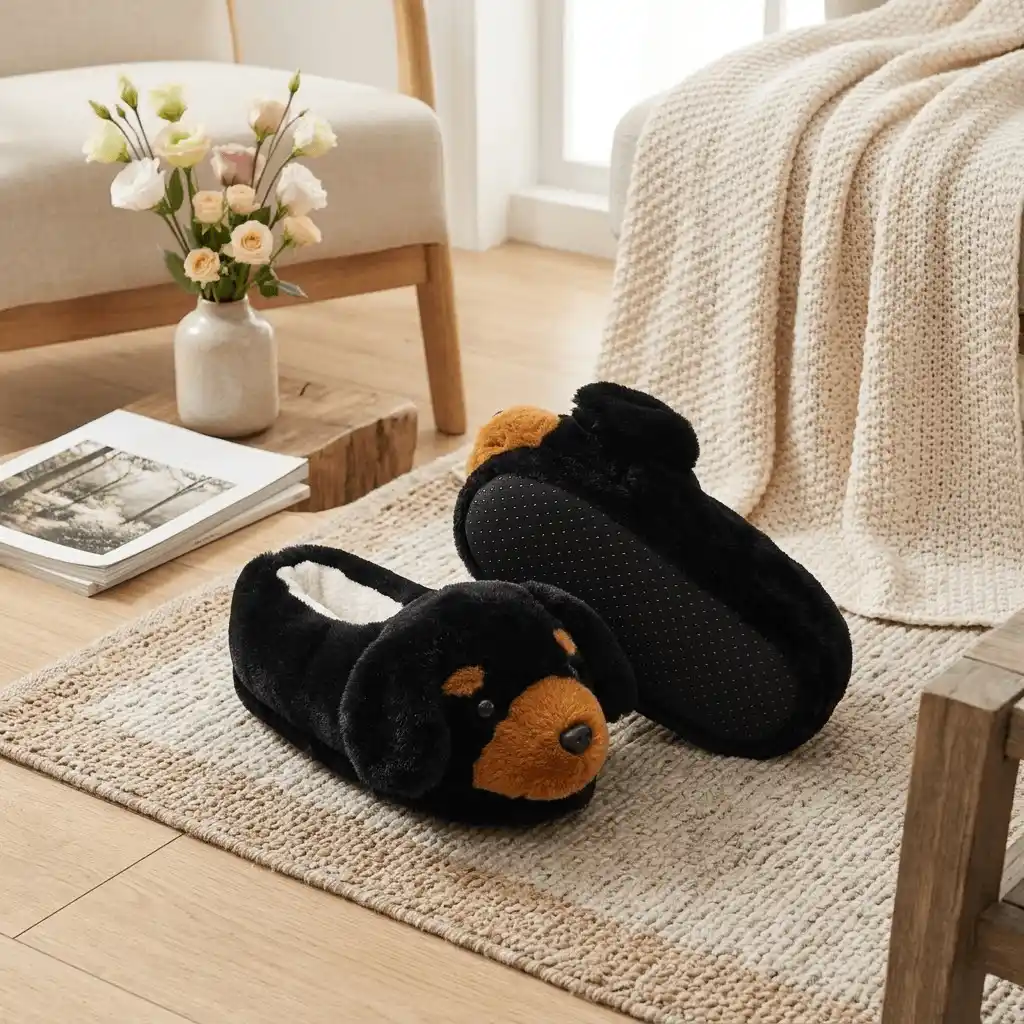 person wearing 3D Rottweiler plush slippers indoors 3D Rottweiler Plush Slippers
