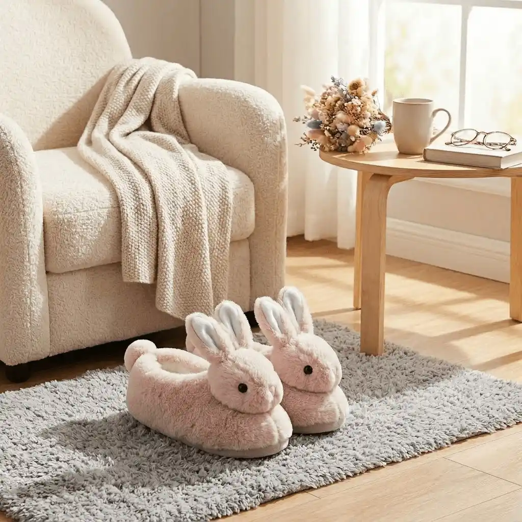 woman relaxing indoors wearing pink bunny slippers 3D Bunny Plush Slippers