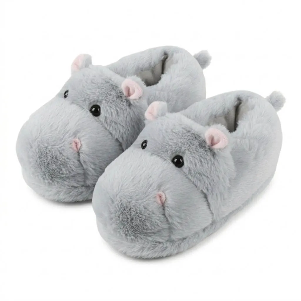 front view grey animal house shoes 3D Hippo Plush Slippers ut-ws1028