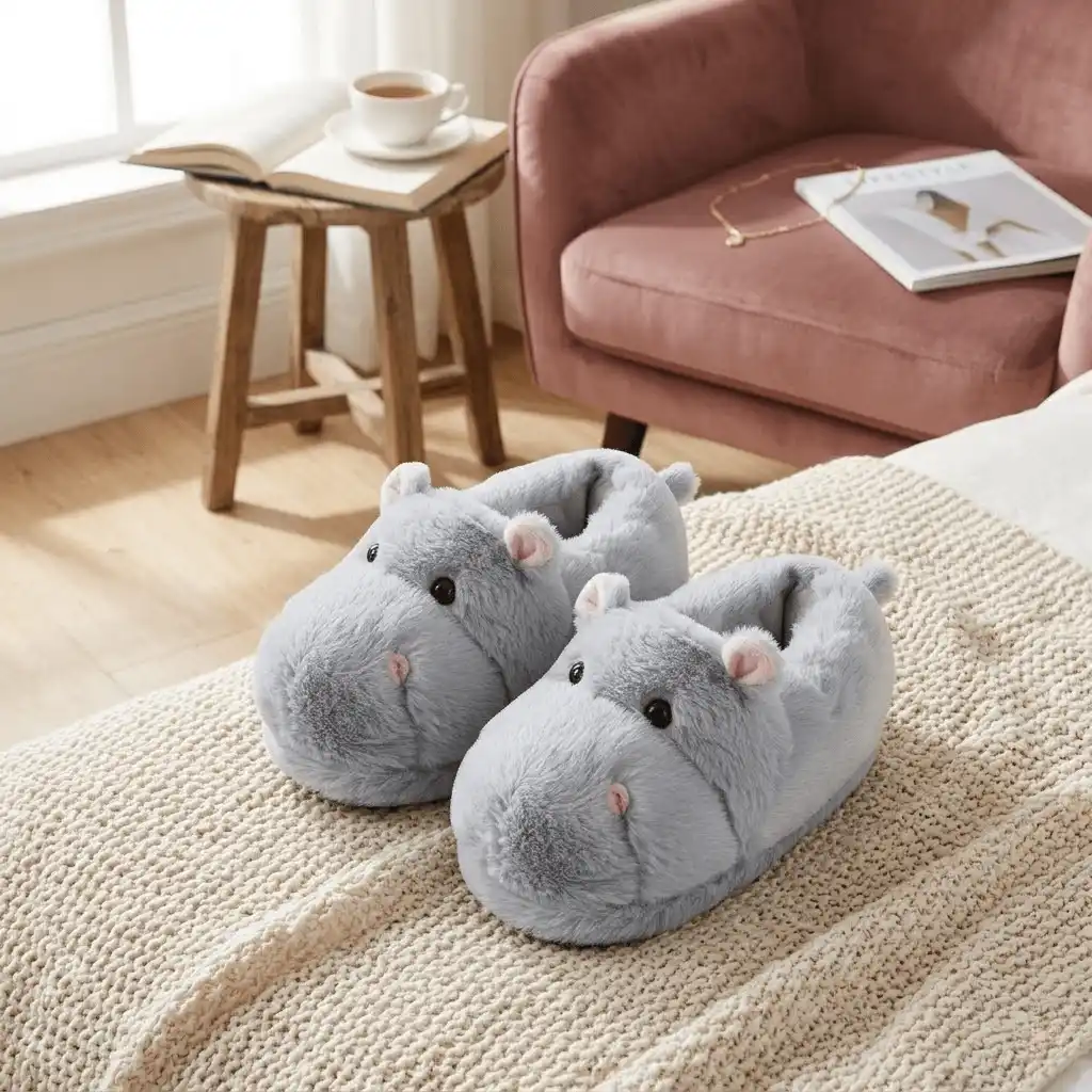 person relaxing at home wearing grey hippo slippers 3D Hippo Plush Slippers