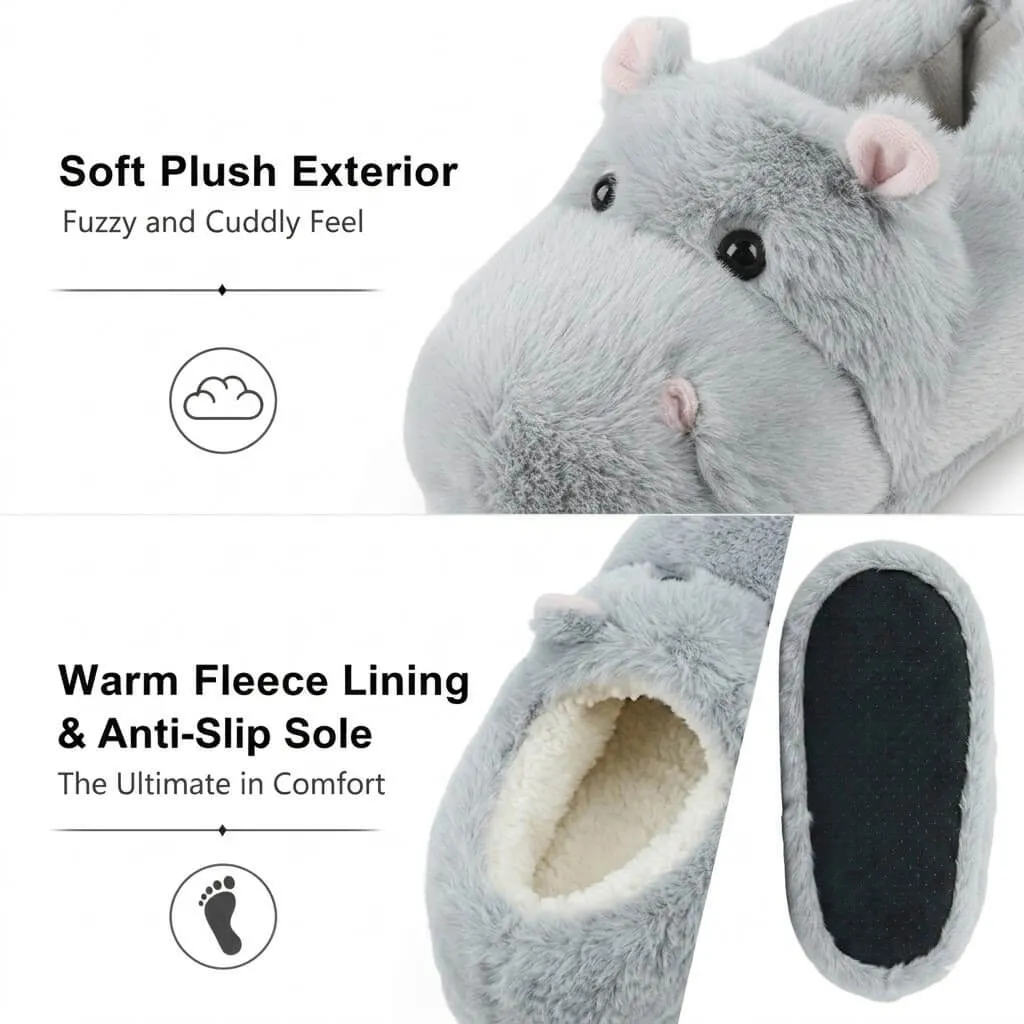 soft plush fabric texture warm slippers 3D Hippo Plush Slippers