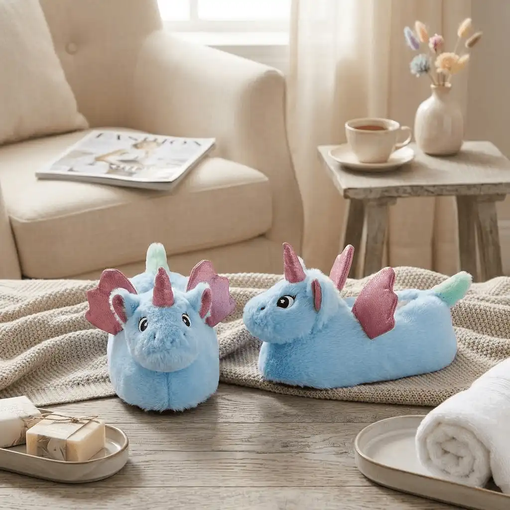 child wearing blue unicorn slippers indoors 3D Unicorn Plush Slippers