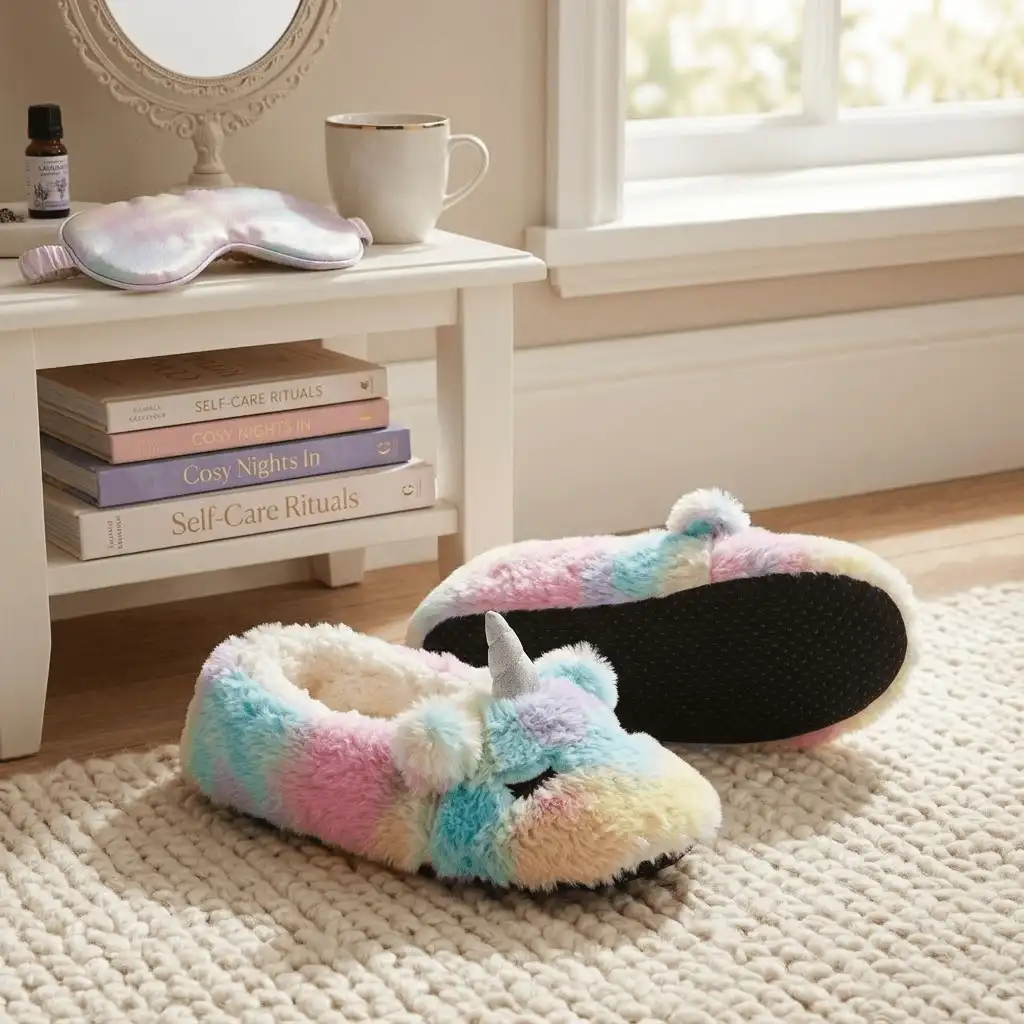 child wearing rainbow unicorn ballerina slippers indoors Rainbow Unicorn Ballerina Slippers