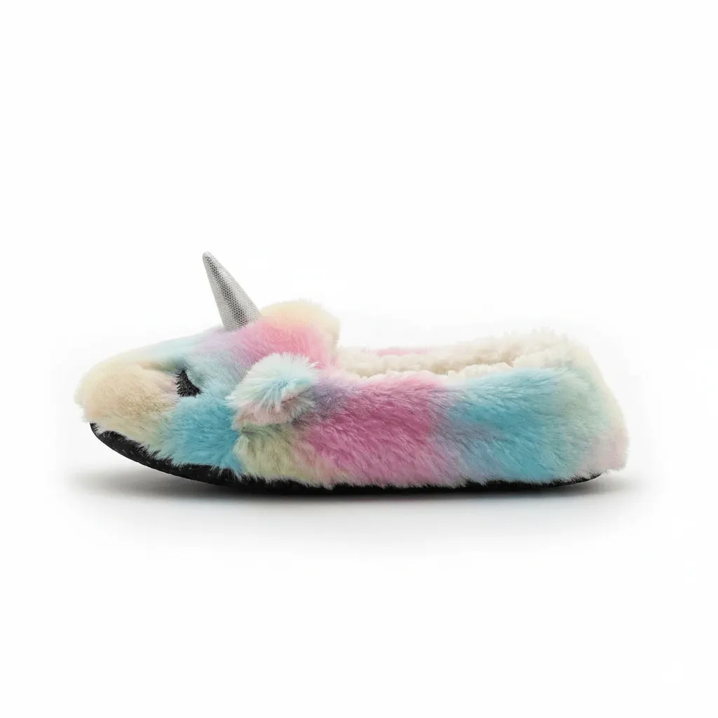 Rainbow Unicorn Ballerina Slippers Side – UT-WS1031 side view multicolor plush ballet slippers Rainbow Unicorn Ballerina Slippers