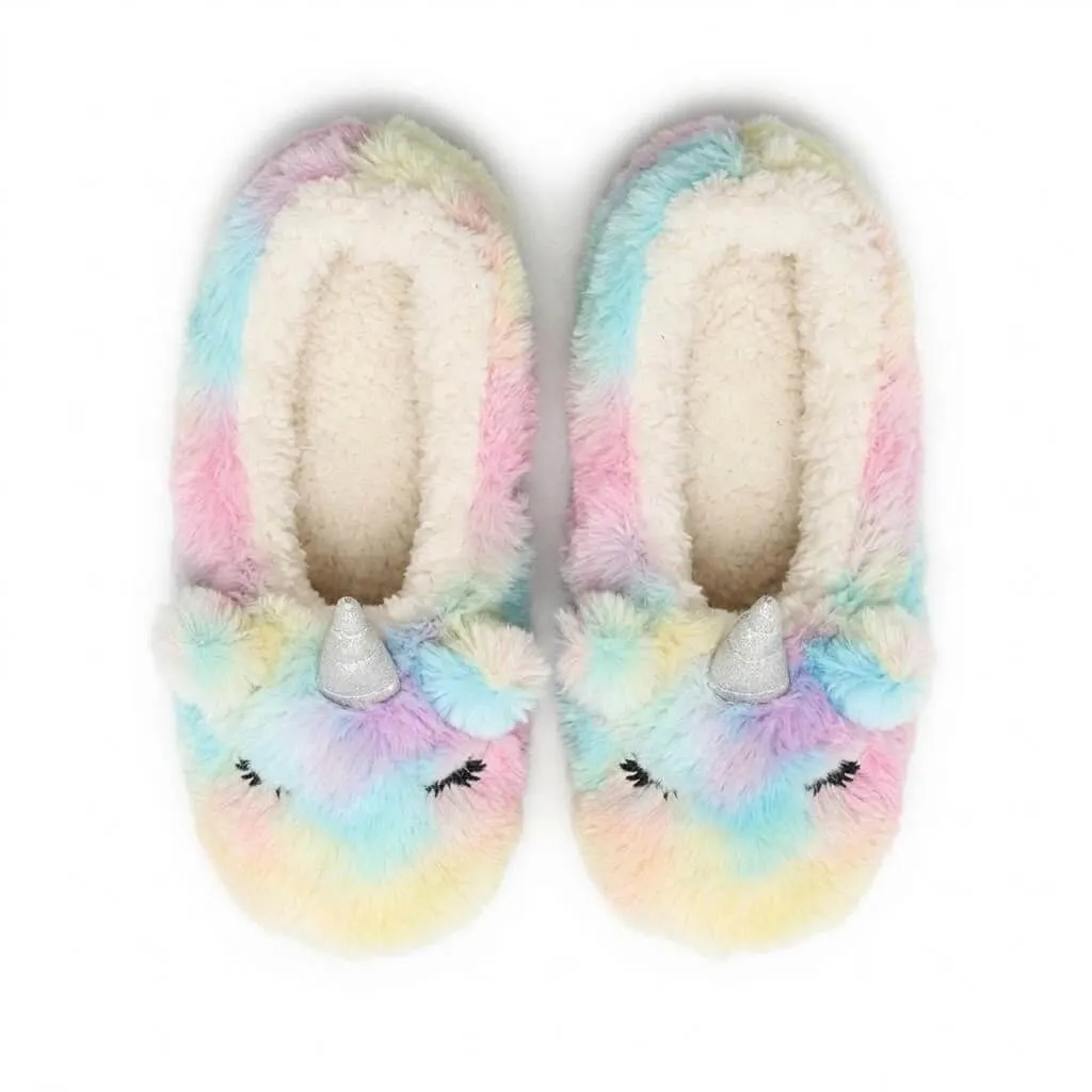 Rainbow Unicorn Ballerina Slippers Top – UT-WS1031 top view unicorn face multicolor plush slippers Rainbow Unicorn Ballerina Slippers