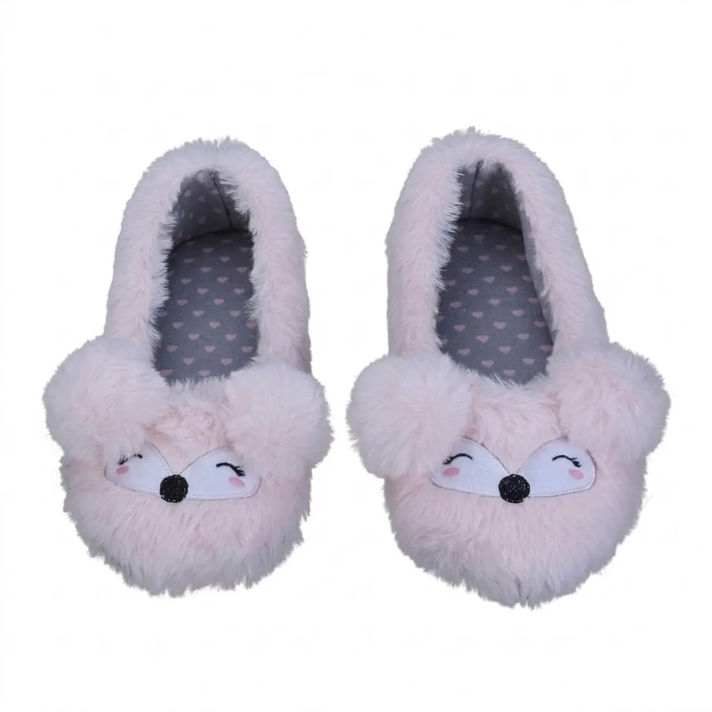 Plush Fox Ballerina Slippers Top – UT-WS1032 top view fox face embroidery flats Plush Fox Ballerina Slippers