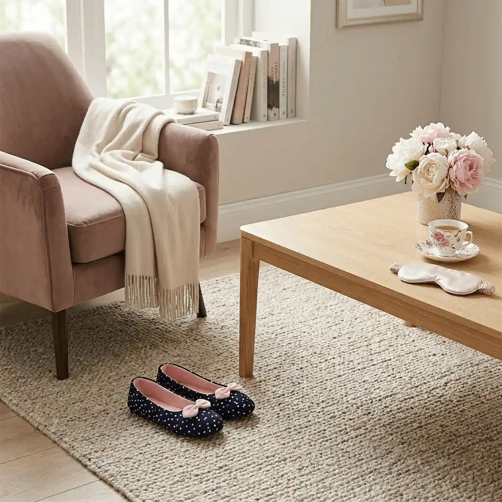 woman wearing navy ballet slippers at home Bow Jersey Ballerina Slippers