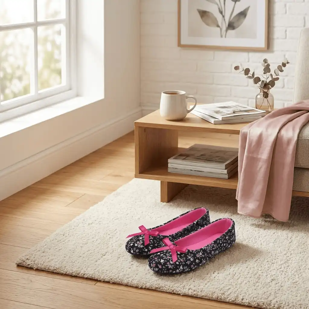 woman wearing black floral flats at home Floral Jersey Ballerina Slippers
