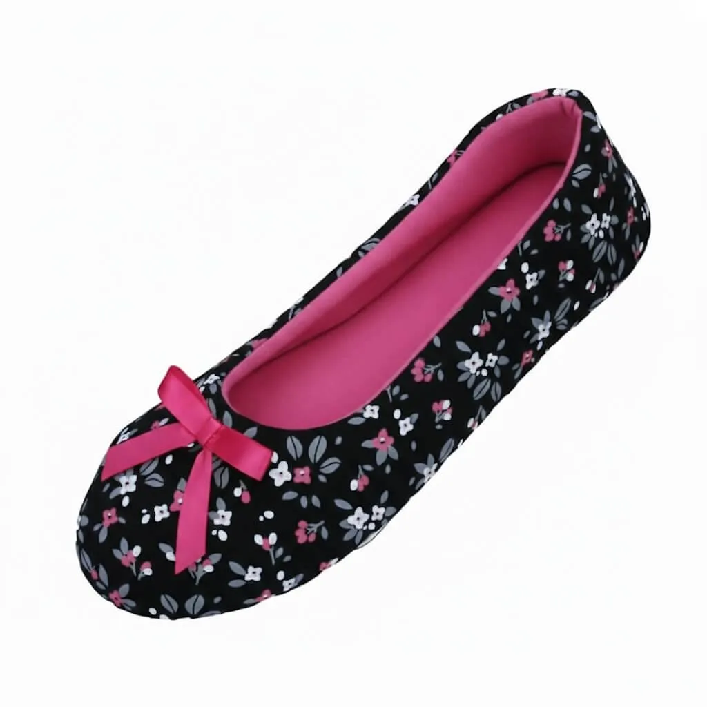Floral Jersey Ballerina Slippers Side – UT-WS1034 side profile black floral knit flats Floral Jersey Ballerina Slippers