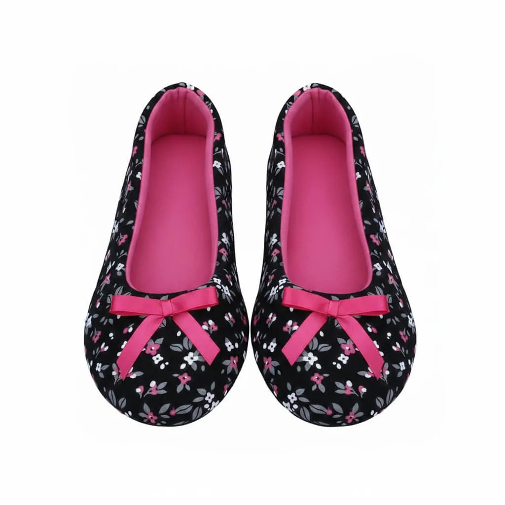 Floral Jersey Ballerina Slippers Top – UT-WS1034 top view floral pattern black flats Floral Jersey Ballerina Slippers