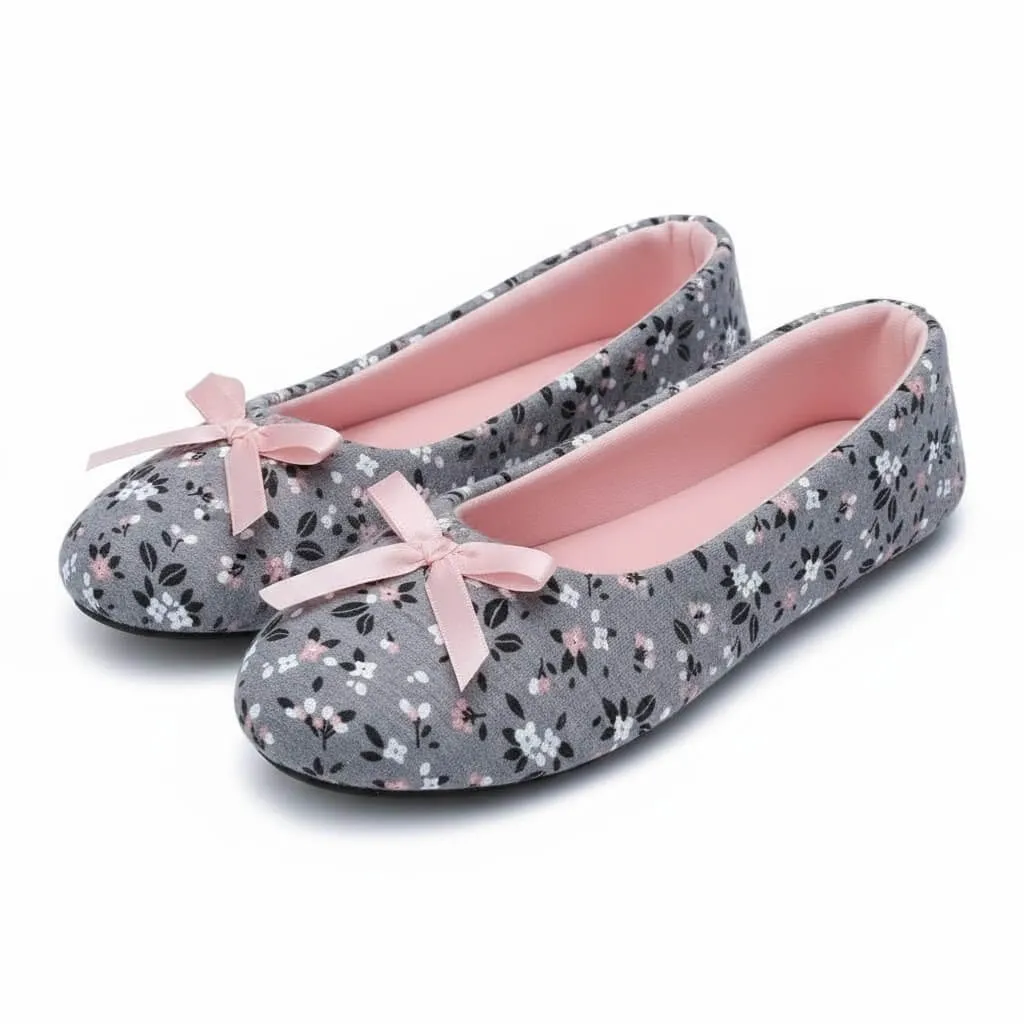 Floral Jersey Ballerina Slippers Front – UT-WS1034 front view grey print flats Floral Jersey Ballerina Slippers