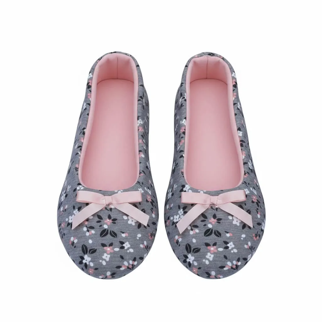 Floral Jersey Ballerina Slippers Top – UT-WS1034 top view floral pattern grey flats Floral Jersey Ballerina Slippers