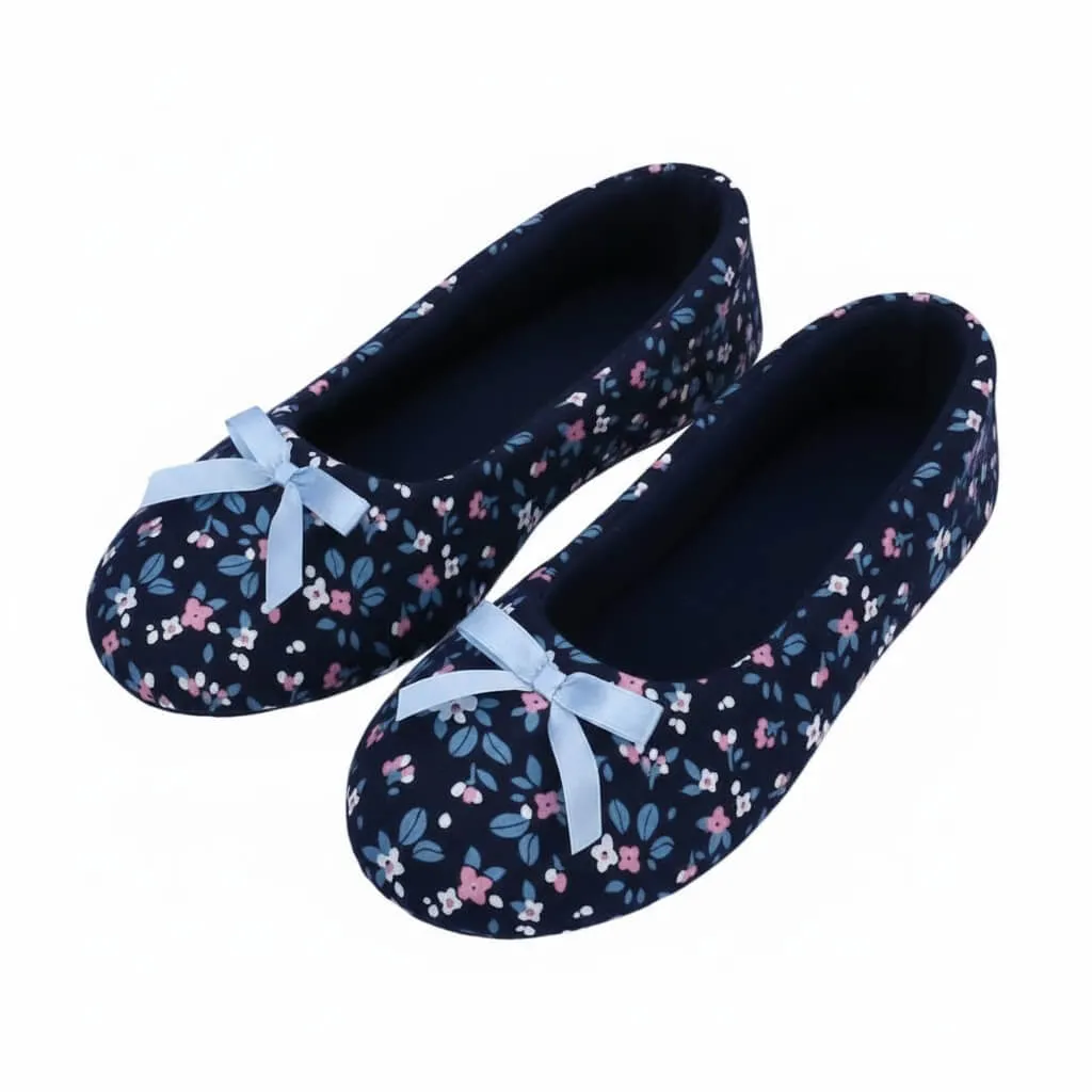 Floral Jersey Ballerina Slippers Front – UT-WS1034 front view navy print flats Floral Jersey Ballerina Slippers