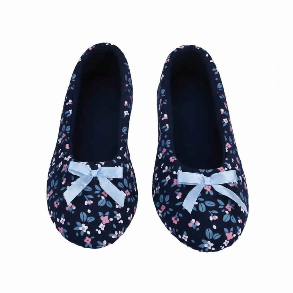 Floral Jersey Ballerina Slippers Top – UT-WS1034 top view floral pattern navy flats Floral Jersey Ballerina Slippers