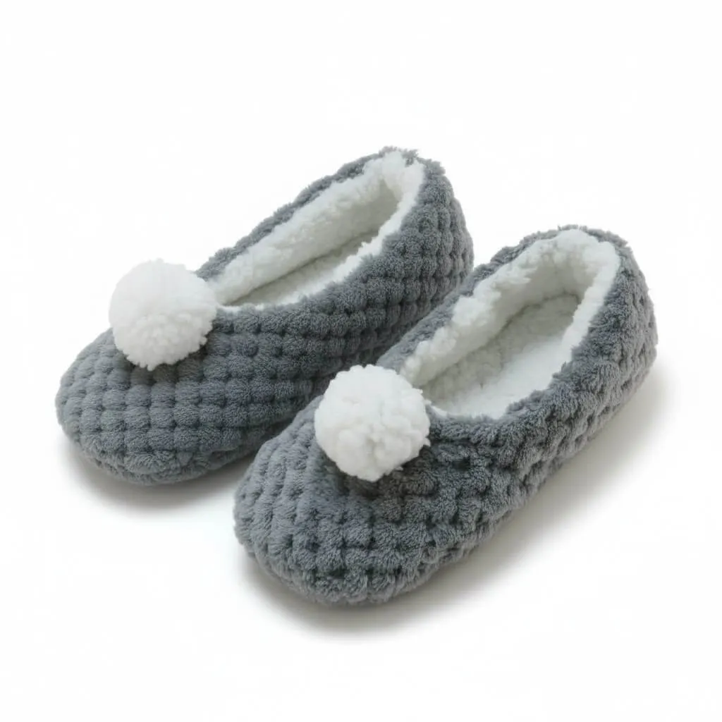 front view grey coral flats Plush Pompom Ballerina Slippers UT-WS1036