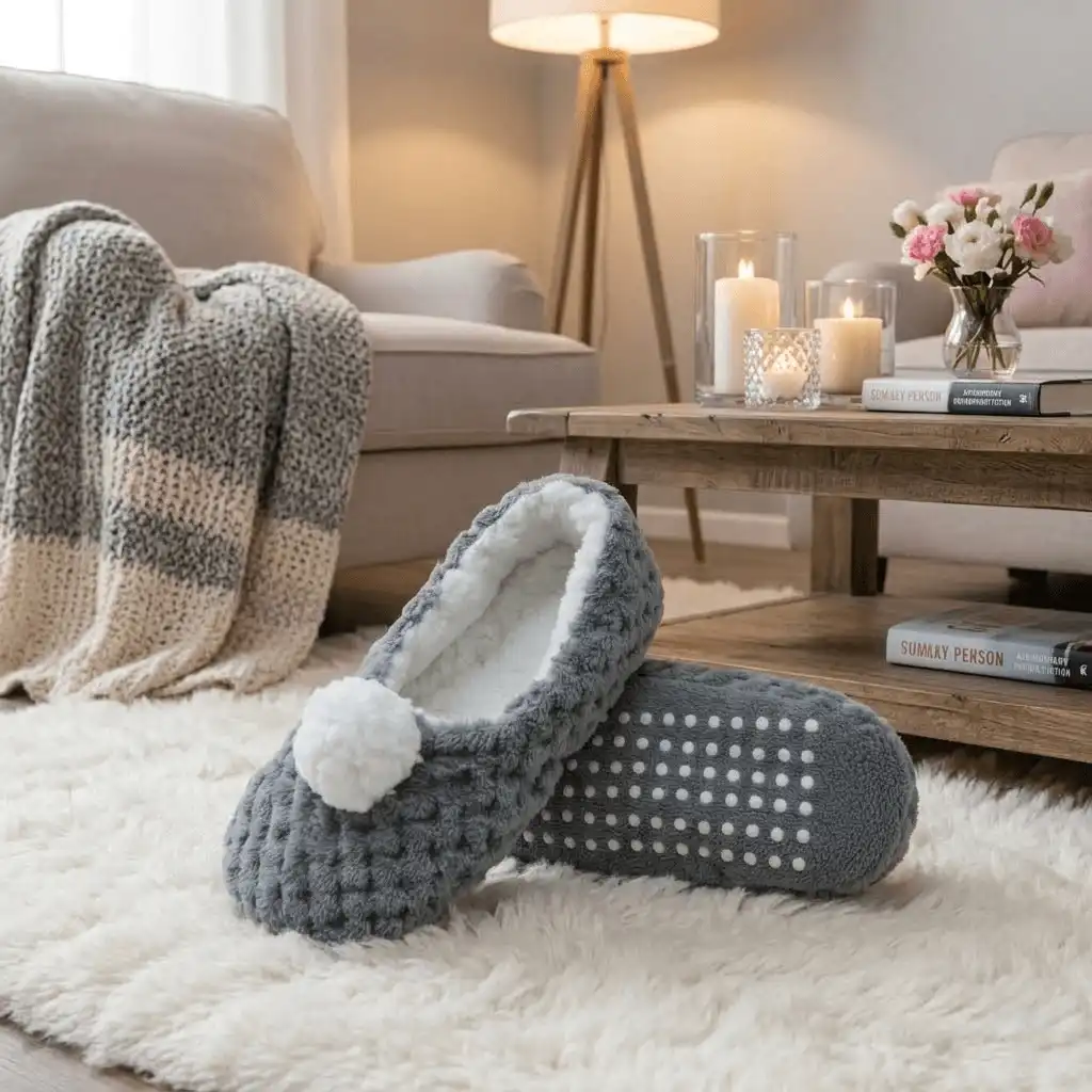 woman wearing grey flats at home Plush Pompom Ballerina Slippers