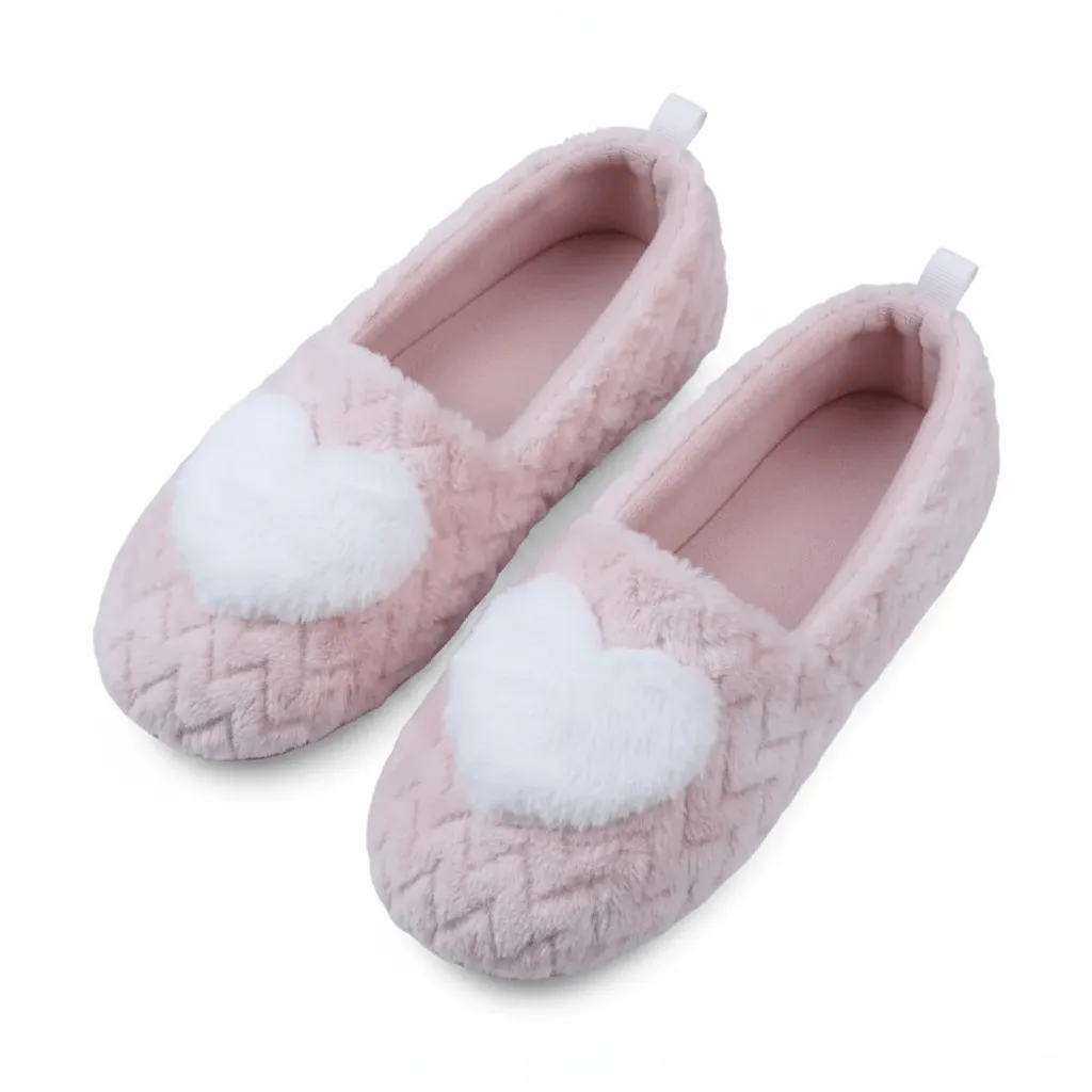 front view pink fuzzy flats Textured Plush Ballerina Slippers UT-WS1037