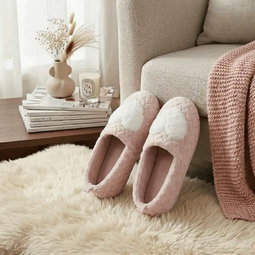 woman wearing pink flats indoors Textured Plush Ballerina Slippers
