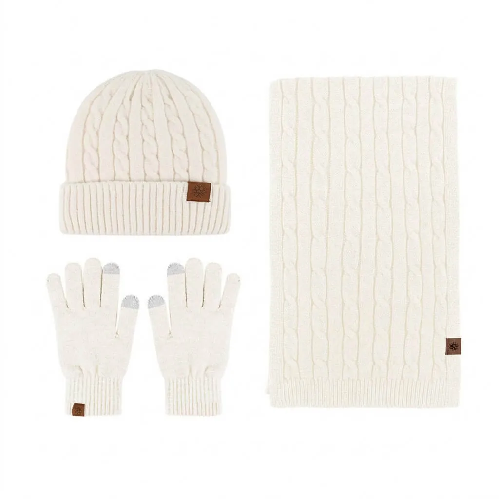 White Cable Knit Beanie Scarf Gloves Set Flat lay of the white cable knit beanie, matching scarf, and touchscreen gloves from our wholesale winter accessories collection.