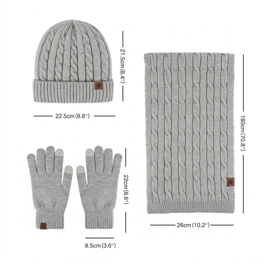 Wholesale Winter Knit Accessory Sets Dimensions Measurement guide and size dimensions for the beanie, scarf, and gloves in our wholesale winter knit accessory sets.