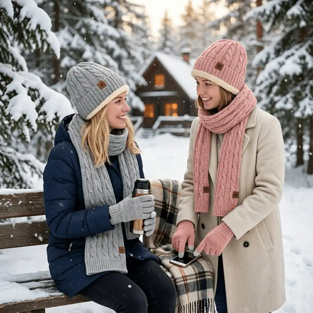 Two women outdoors in the snow wearing wholesale winter knit accessory sets in pink and grey, featuring cable knit beanies and scarves.