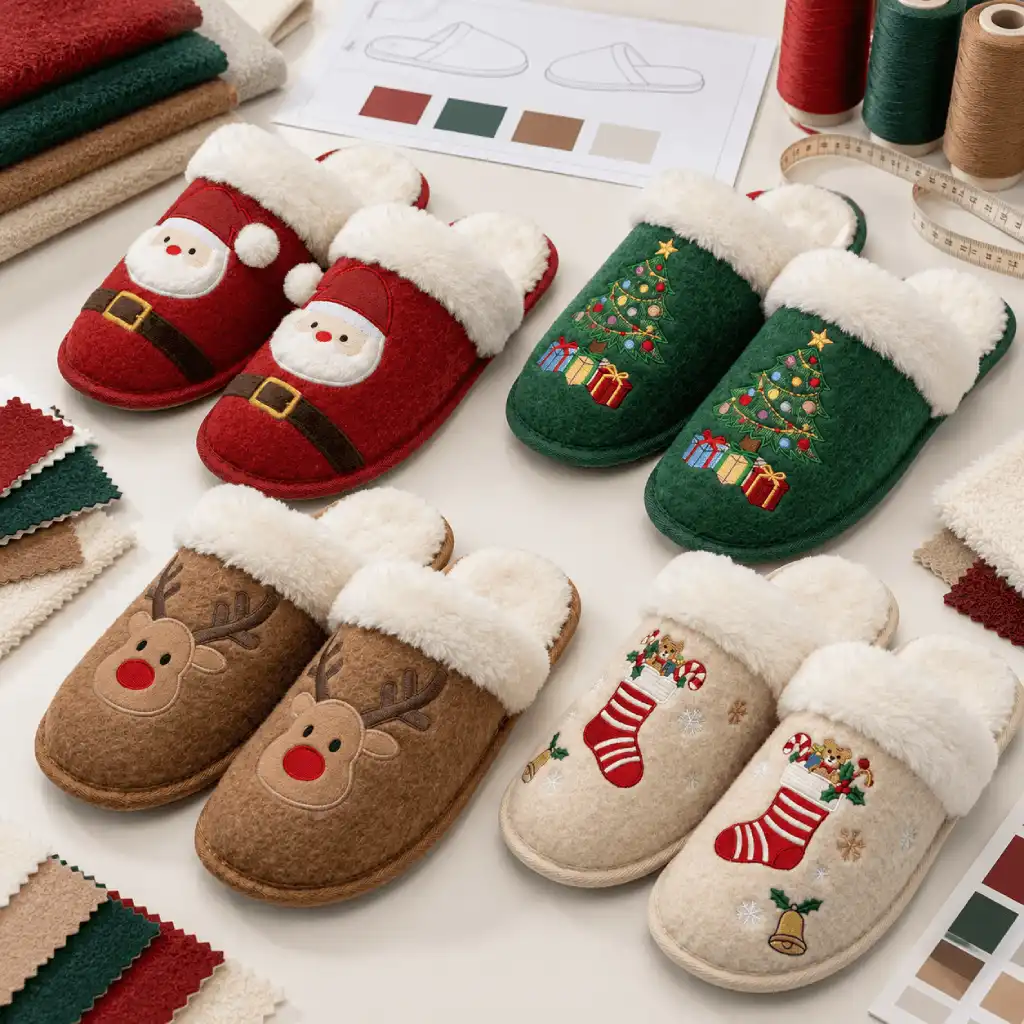 Four pairs of bulk Christmas slippers with fabric swatches, thread spools and a product specification sheet