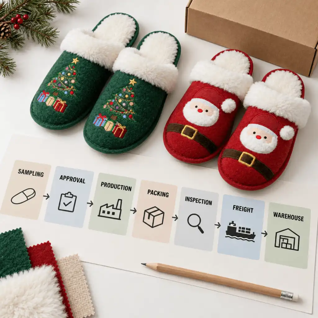 Bulk Christmas slippers beside a production timeline from sampling to warehouse delivery