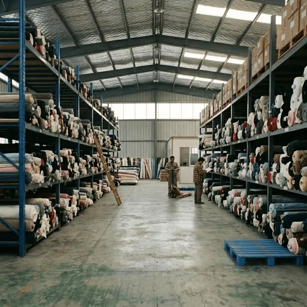 High-capacity raw material warehouse stocked with fabric rolls, ensuring zero delays for wholesale slippers and bulk house slippers production.
