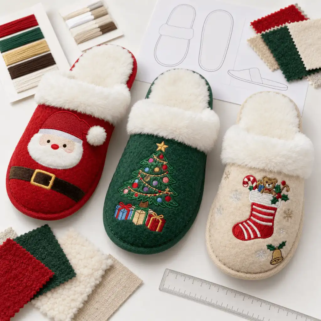 Christmas slipper sample review with embroidery, appliqué, fabric swatches and a measuring ruler