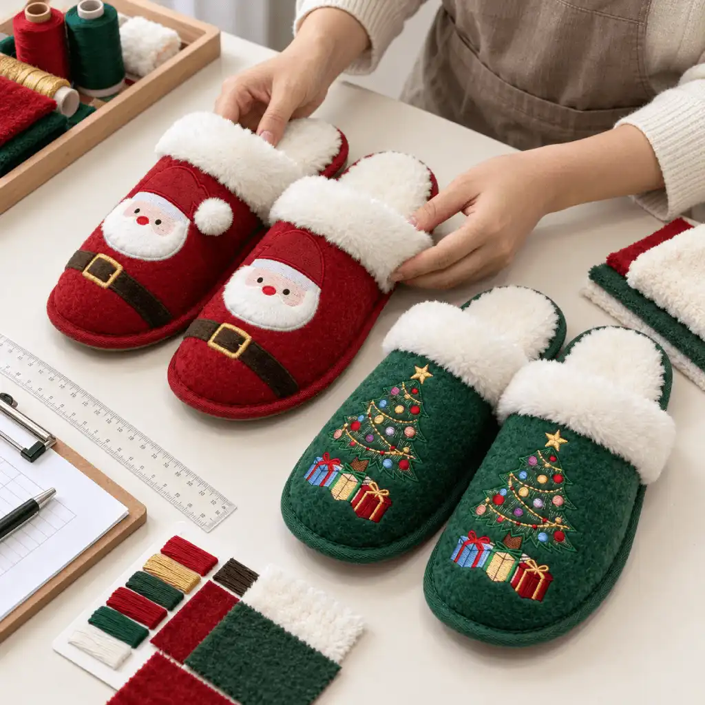 Bulk Christmas slippers undergoing a quality control review for pair consistency and decoration placement