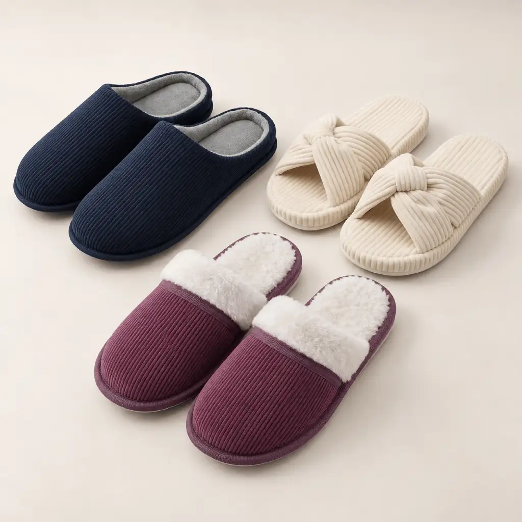 Navy, ivory and plum corduroy house shoes in three product styles
