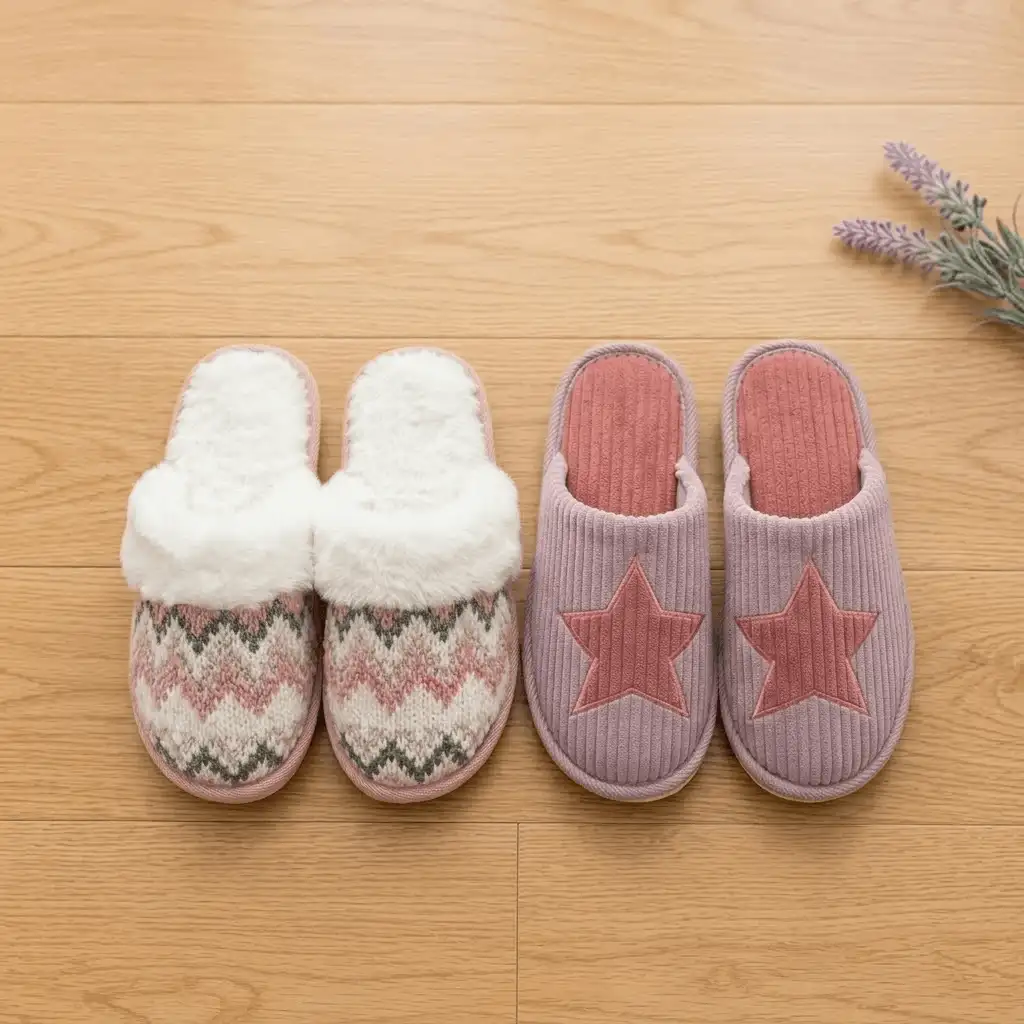 Two pairs of custom indoor slippers with fluffy knit and corduroy uppers