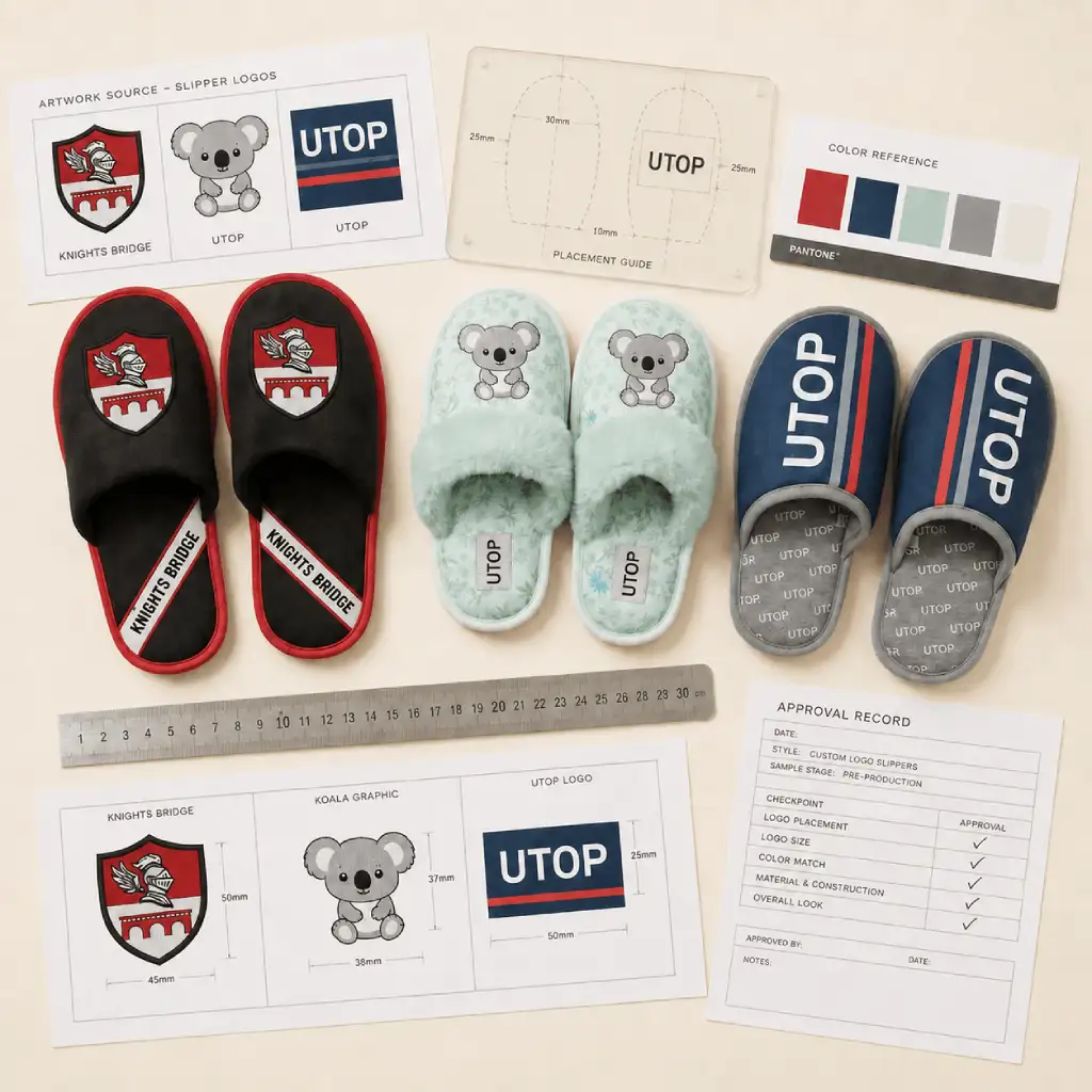 Custom logo slipper sample approval with artwork, placement measurements and color references