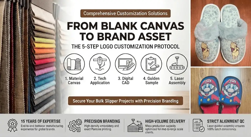 5-step industrial logo customization workflow for custom slippers bulk orders, featuring material selection and manufacturing protocols.