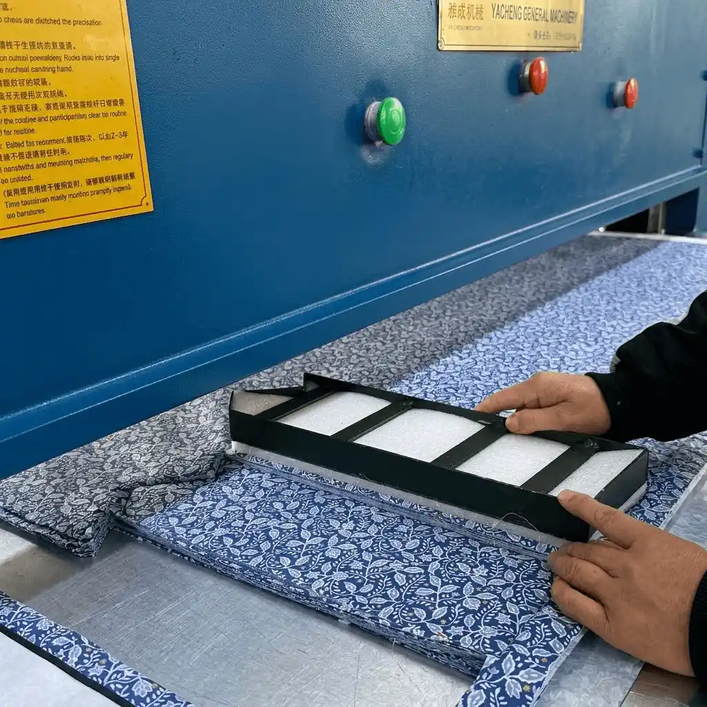 Technician using a high-tonnage hydraulic press and custom steel dies for precision die-cutting, ensuring sub-millimeter uniformity for slippers in bulk.